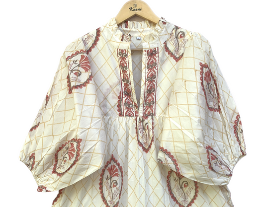 Ivory Red Floral Block Print Cotton Midi Dress – Boho Handmade Tiered Dress with Puff Sleeves & Contrast Yoke