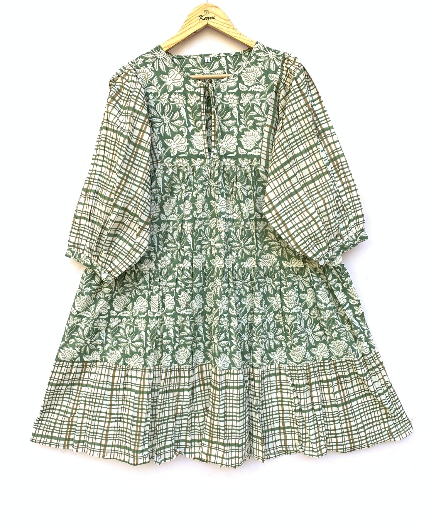 green and white floral mini womens dress with checkered sleeves