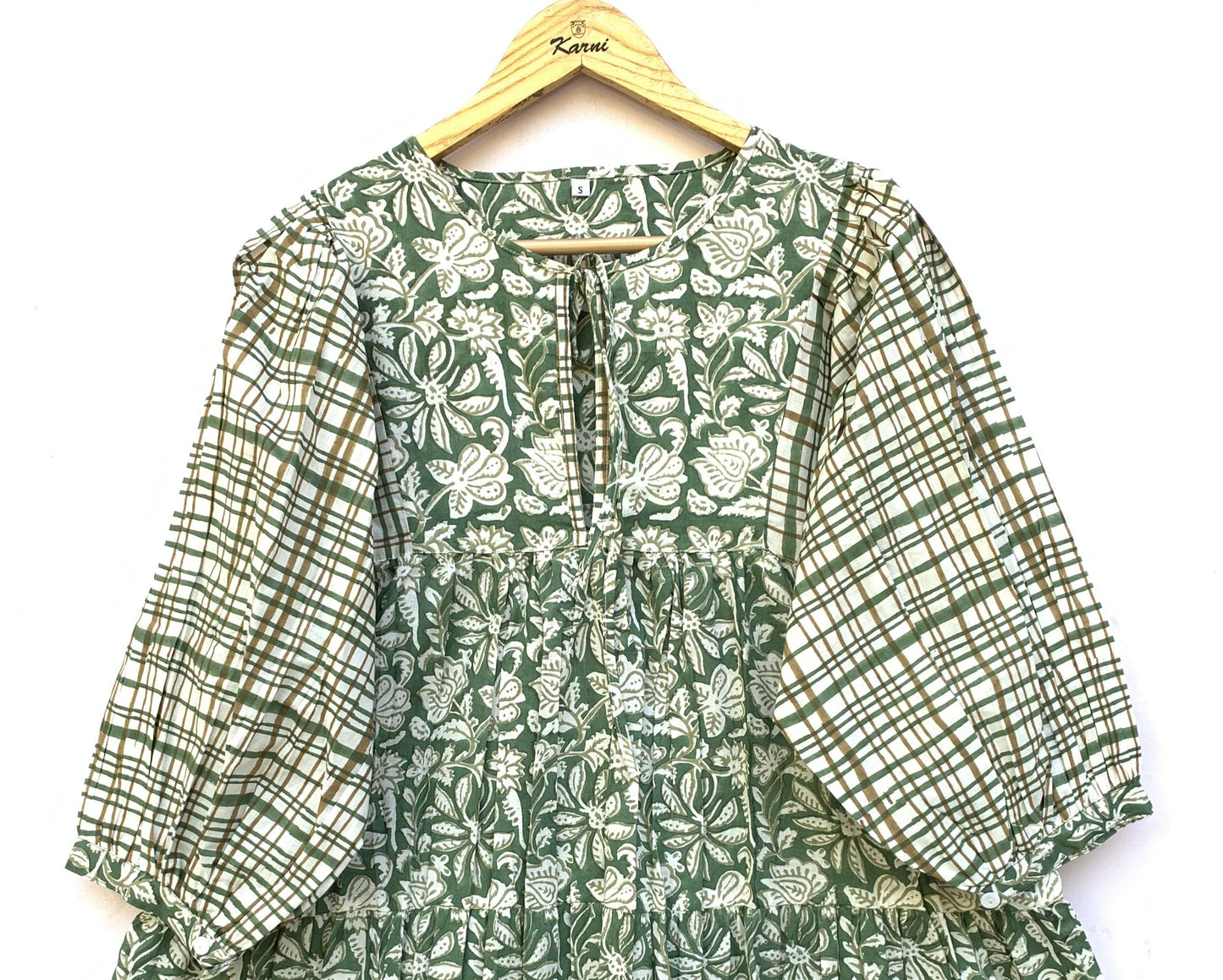 green and white floral mini womens dress with checkered sleeves