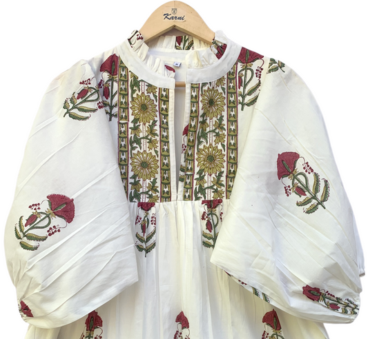 Ivory Floral Block Print Cotton Midi Dress – Boho Handmade Tiered Dress with Puff Sleeves & Contrast Yoke