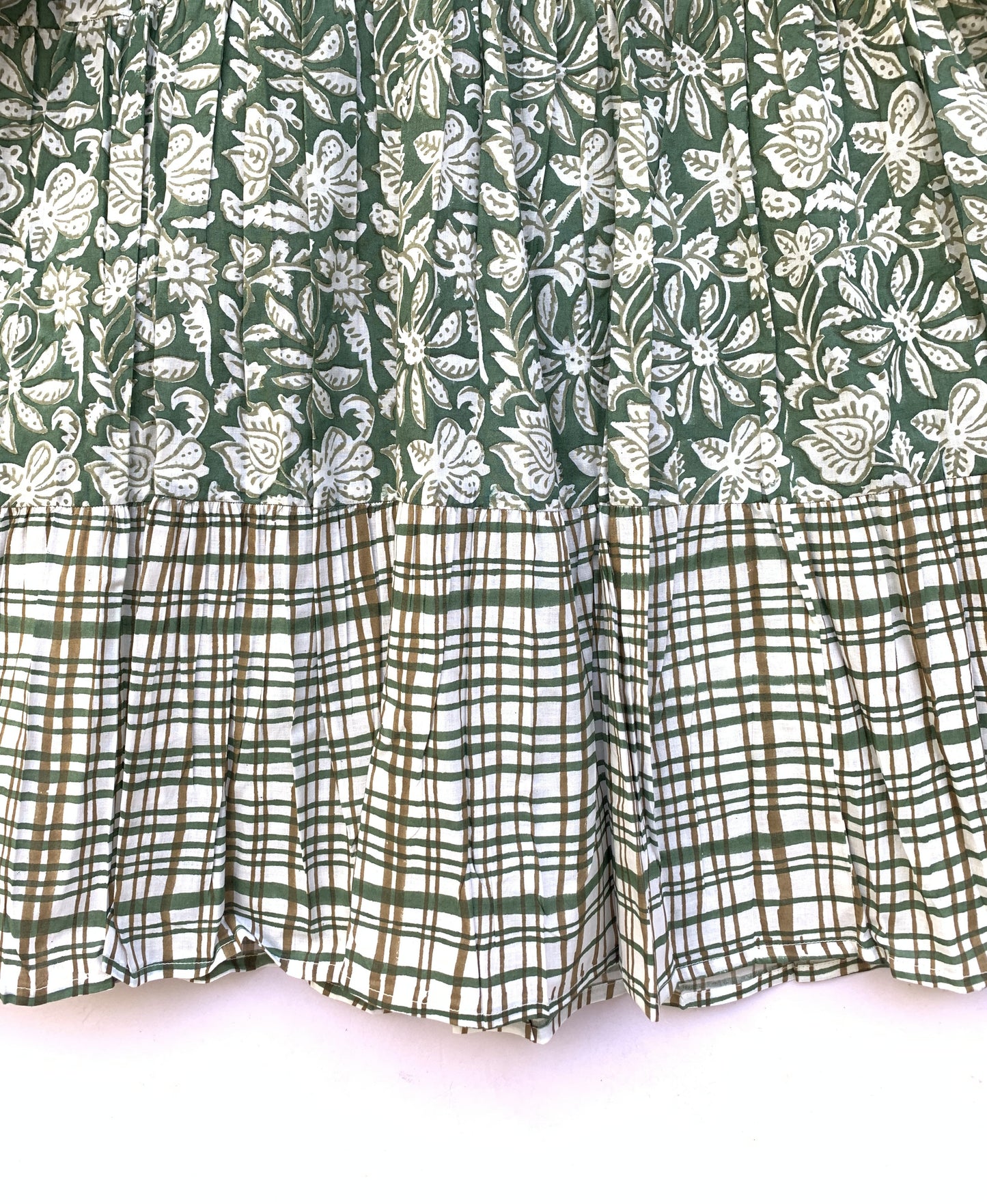 green and white floral mini womens dress with checkered sleeves