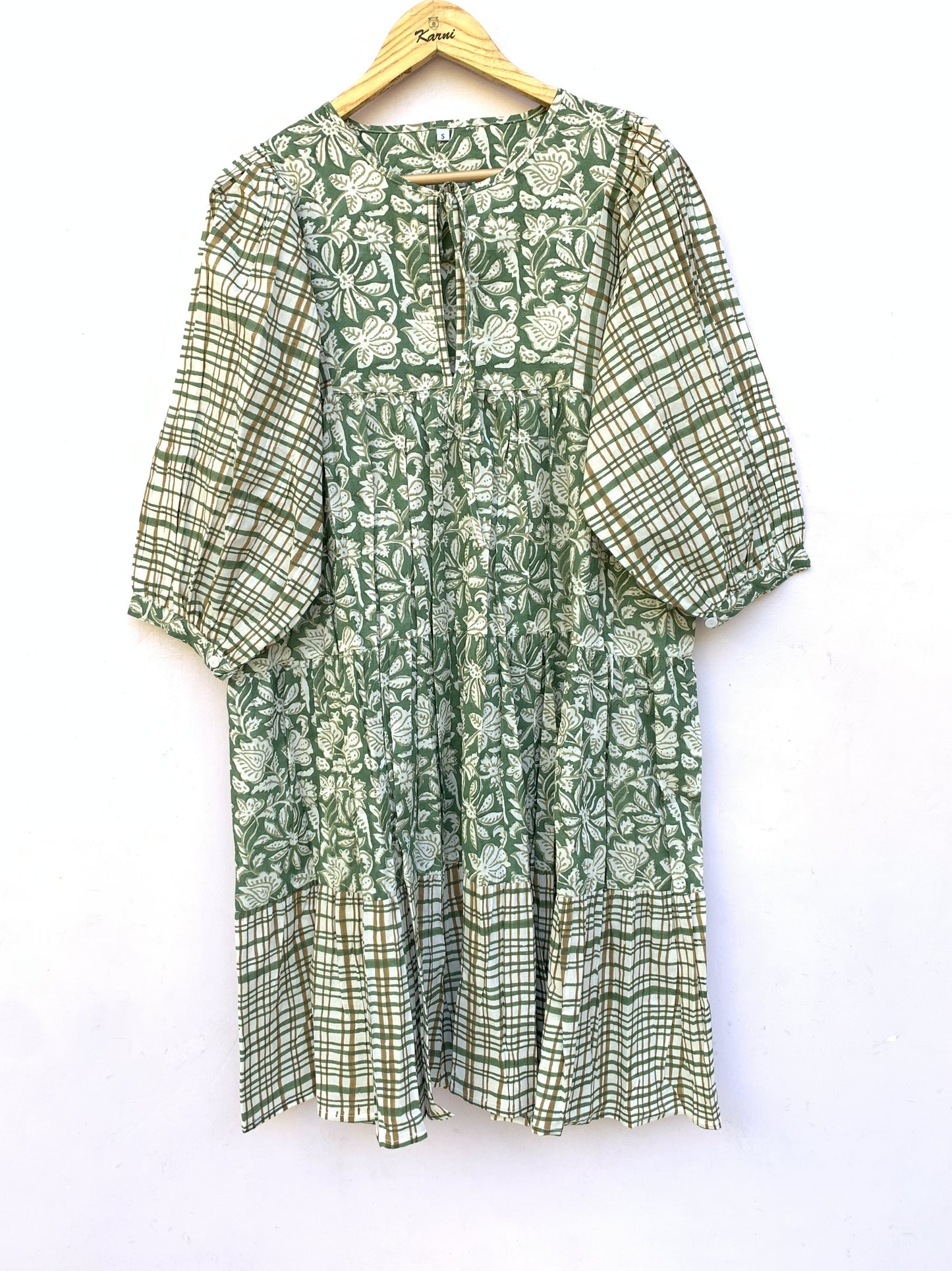 green and white floral mini womens dress with checkered sleeves