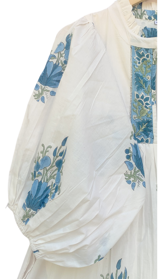 White Blue Floral Block Print Cotton Midi Dress – Boho Handmade Tiered Dress with Puff Sleeves & Contrast Yoke