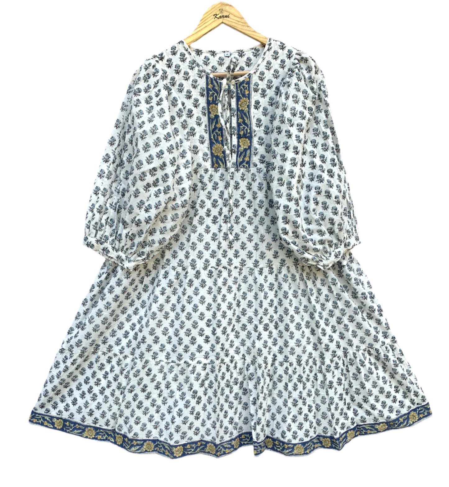 serene white summer mini sundress with pale blue floral booti print