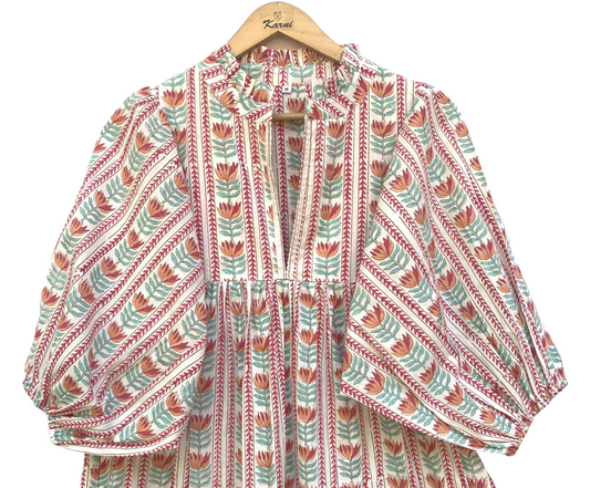 Mint Red Floral Stripe Block Print Cotton Midi Dress – Boho Handmade Tiered Dress with Puff Sleeves