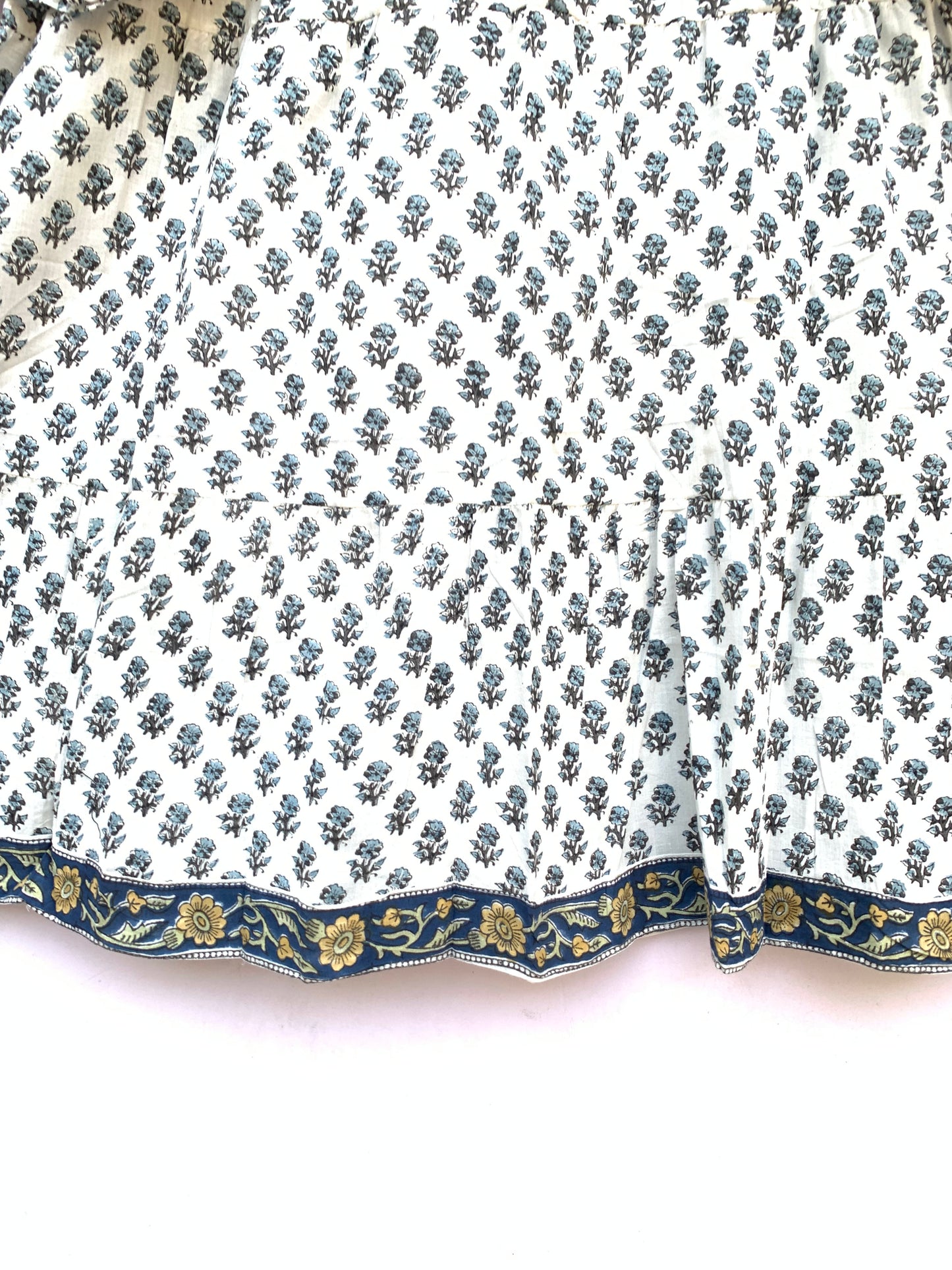 serene white summer mini sundress with pale blue floral booti print