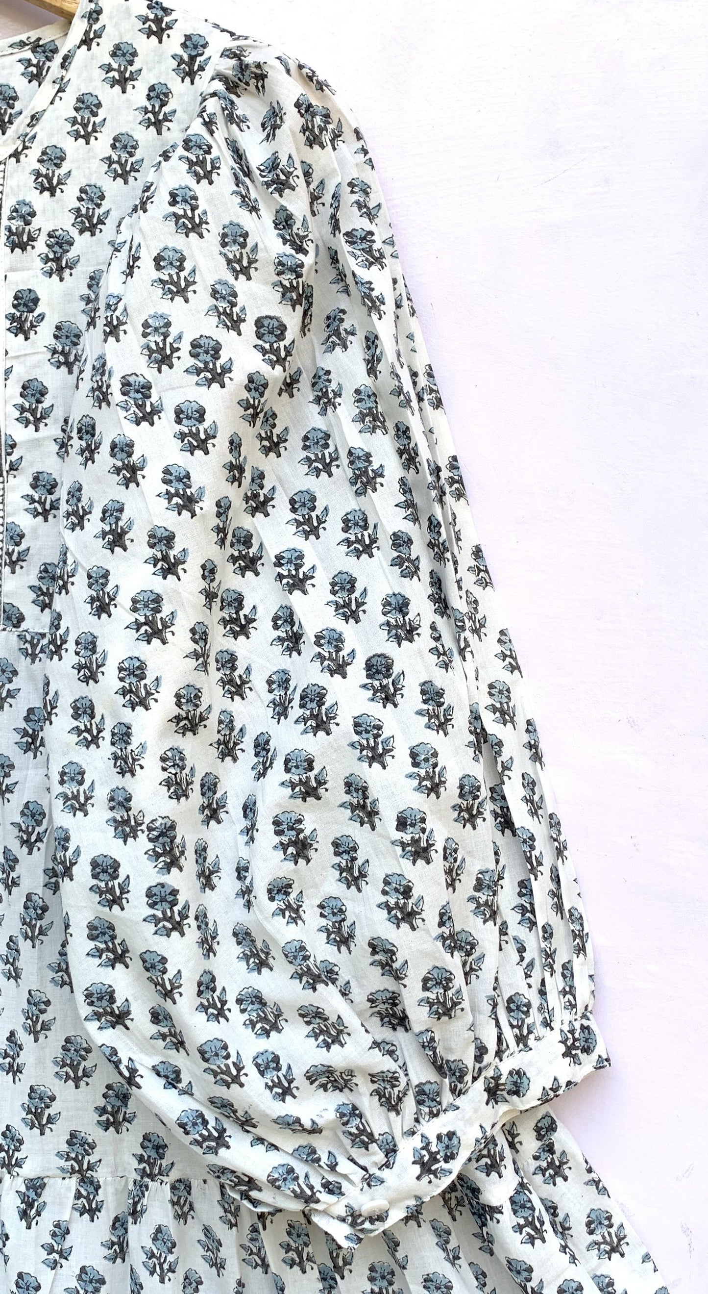 serene white summer mini sundress with pale blue floral booti print