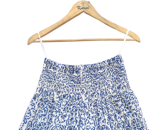 White Blue Floral Block Print Cotton Smocked Dress – Handcrafted Boho Midi Sundress