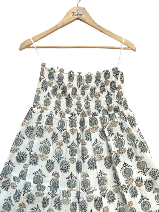White Grey Floral Block Print Cotton Smocked Dress – Handcrafted Boho Midi Sundress