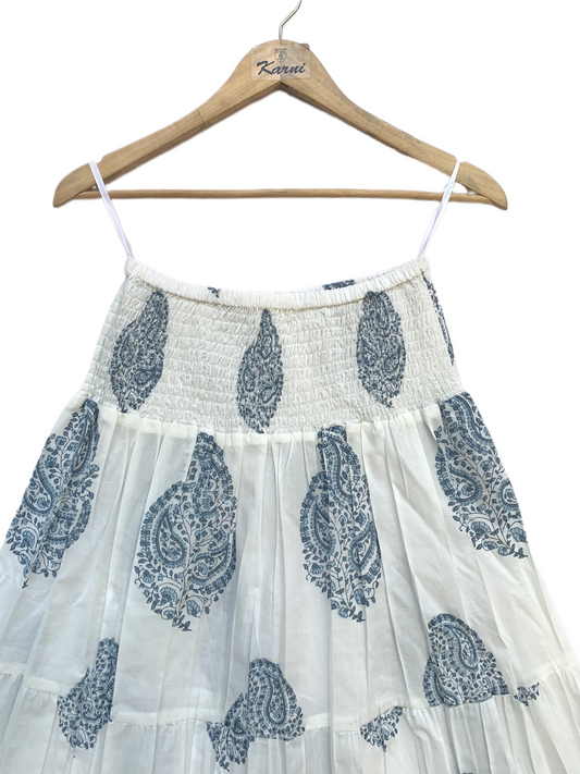 White Blue Paisley Block Print Cotton Smocked Dress – Handcrafted Boho Midi Sundress
