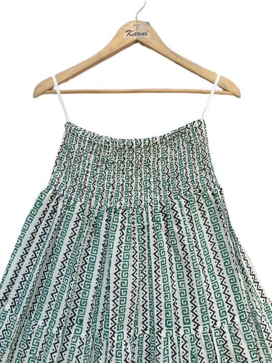 Green White Geometric Block Print Cotton Smocked Dress – Handcrafted Boho Midi Sundress – Free Shipping