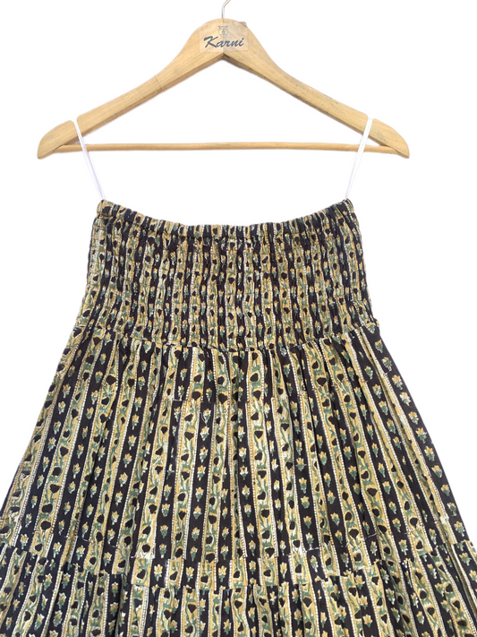 Black Gold Floral Block Print Cotton Smocked Dress – Handcrafted Boho Midi Sundress – Free Shipping