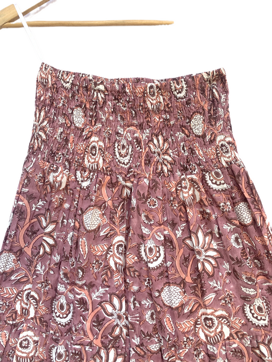 Brown Floral Block Print Cotton Smocked Dress – Handcrafted Boho Midi Sundress – Free Shipping