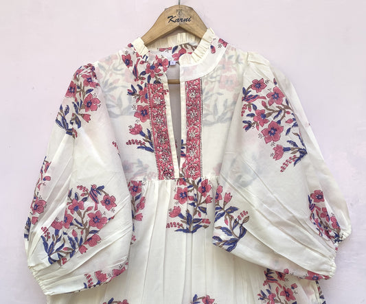 White Pink Floral Block Print Cotton Dress – Handcrafted Boho Maxi Dress by the Yard