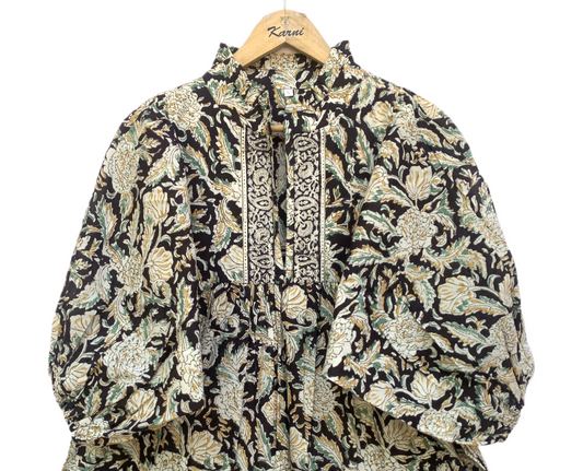 Black Beige Floral Block Print Cotton Midi Dress – Boho Handmade Tiered Dress with Puff Sleeves & Contrast Yoke