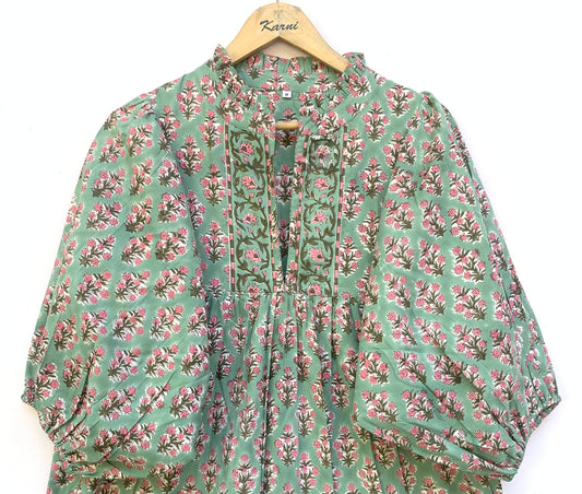 Sage Green Pink Floral Block Print Cotton Midi Dress – Boho Handmade Tiered Dress with Puff Sleeves & Contrast Yoke