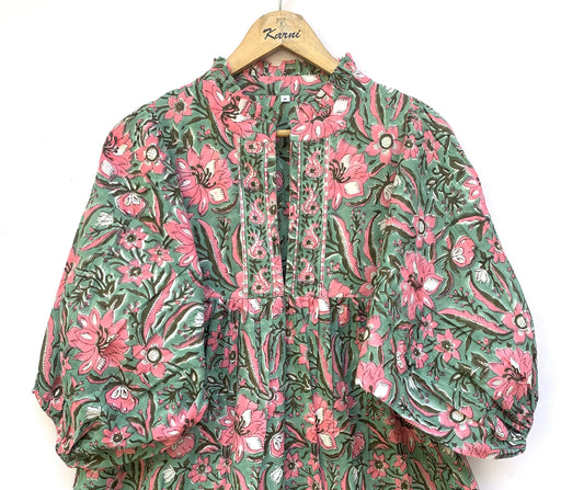 Green Pink Floral Block Print Cotton Midi Dress – Boho Handmade Tiered Dress with Puff Sleeves & Contrast Yoke