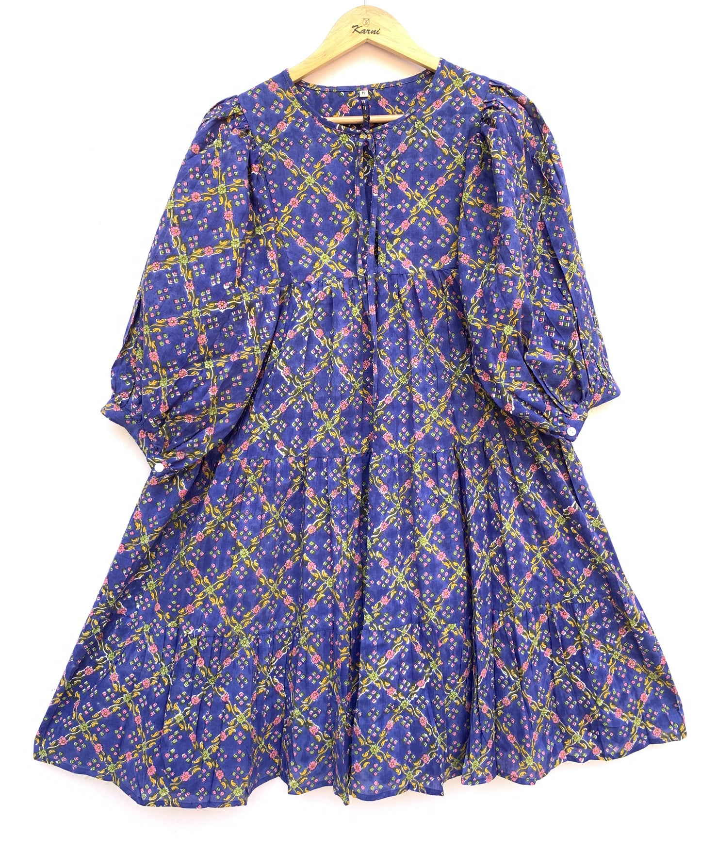 indigo blue cotton mini dress with yellow and pink detailing