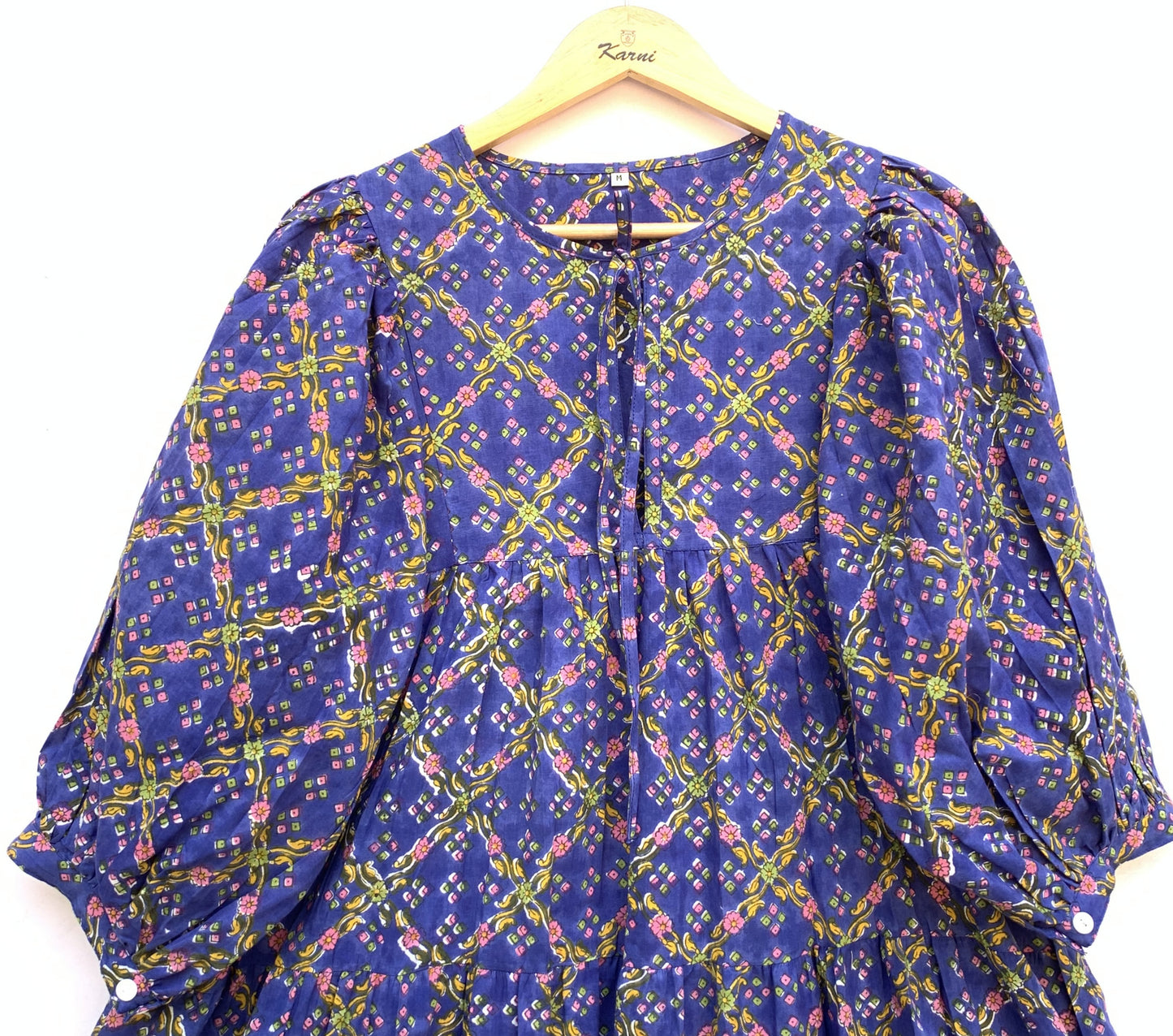 indigo blue cotton mini dress with yellow and pink detailing