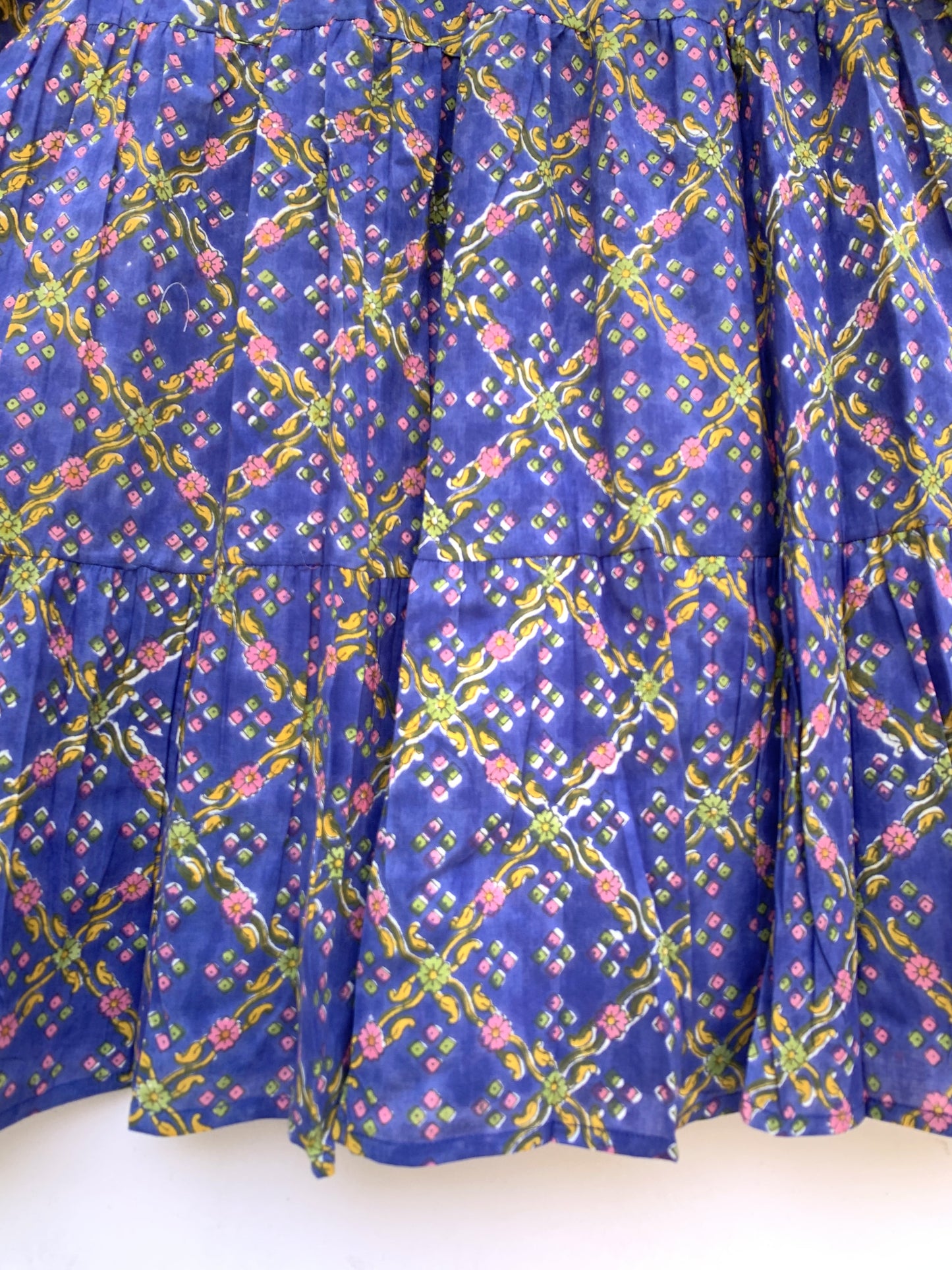 indigo blue cotton mini dress with yellow and pink detailing