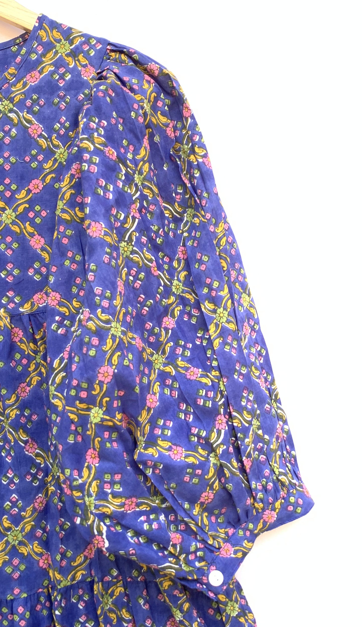 indigo blue cotton mini dress with yellow and pink detailing