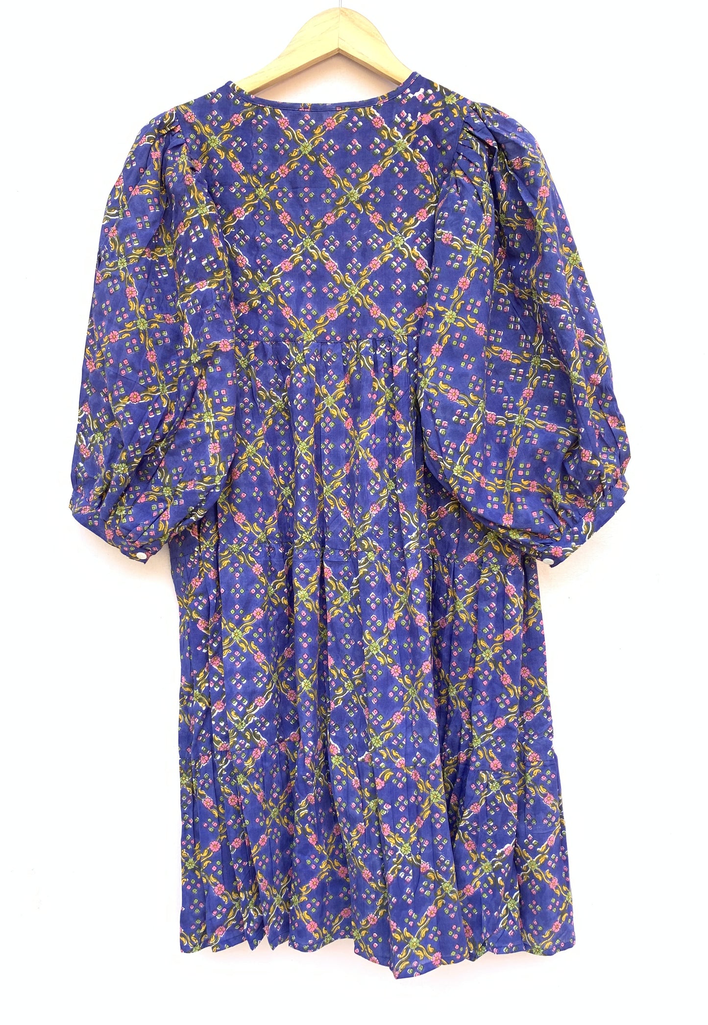 indigo blue cotton mini dress with yellow and pink detailing