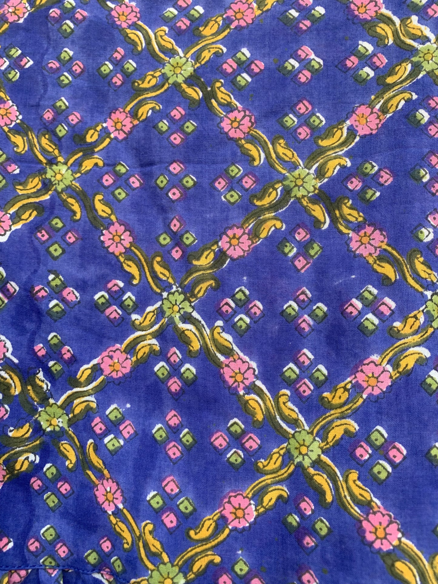 indigo blue cotton mini dress with yellow and pink detailing