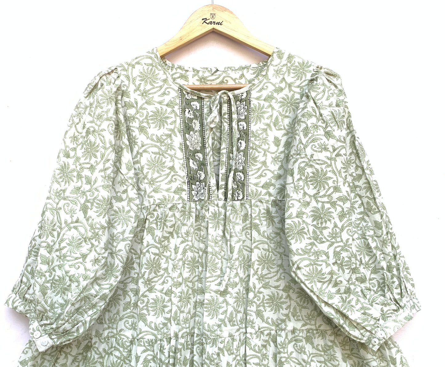 white and pale green floral mini cotton dress for women