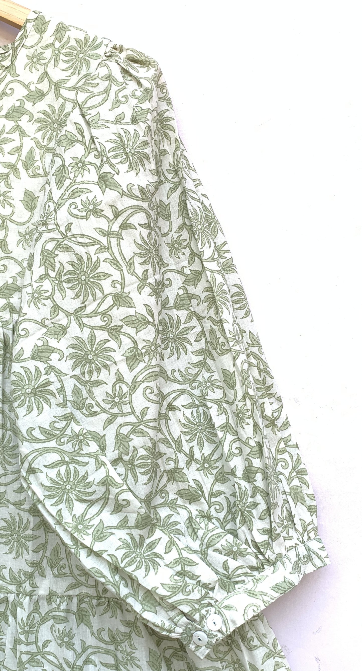 white and pale green floral mini cotton dress for women