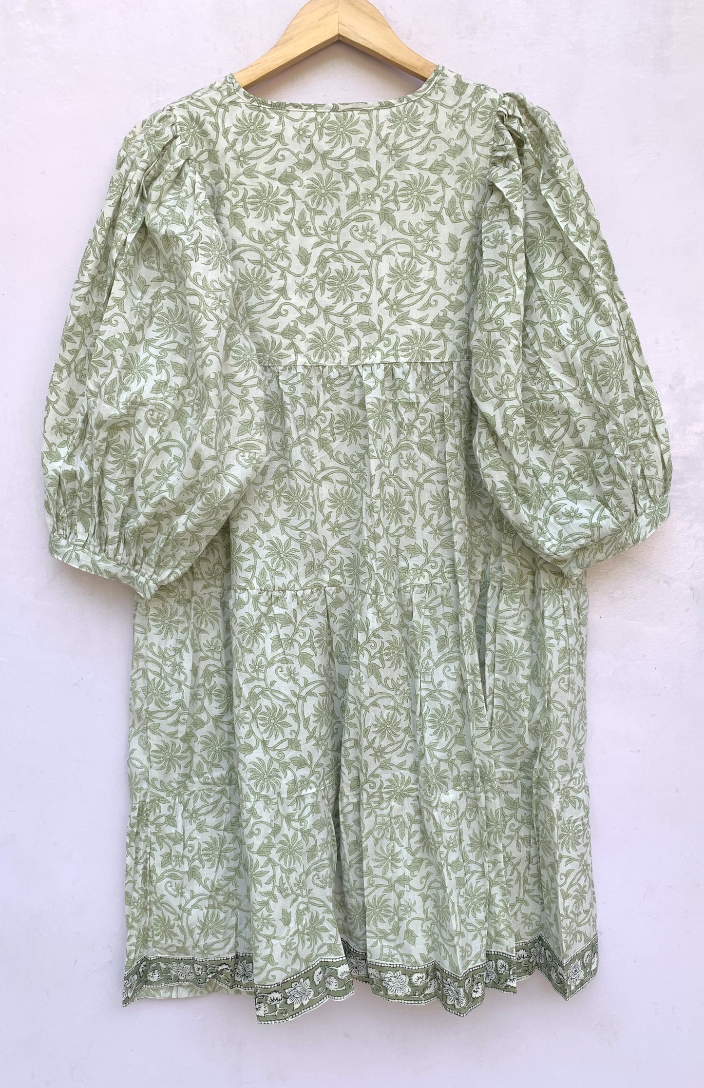 white and pale green floral mini cotton dress for women