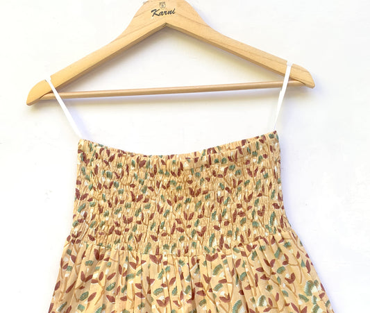 Mustard Leaf Block Print Cotton Smocked Dress – Handcrafted Boho Midi Sundress