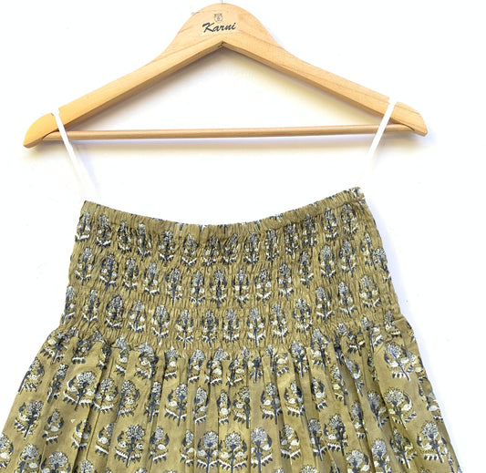 Olive Green Floral Block Print Cotton Smocked Dress – Handcrafted Boho Midi Sundress