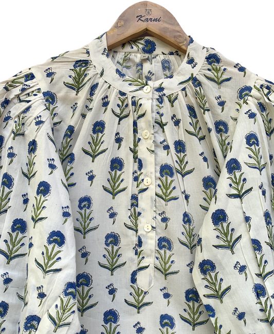 White & Blue Floral Block Print Dress – Handmade Cotton Mini