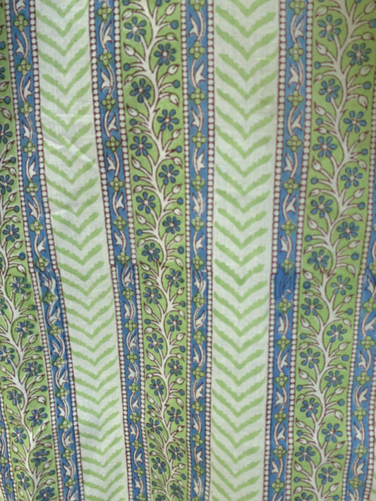 Green Floral Stripe Block Print Dress – Handmade Cotton Puff Sleeve Mini
