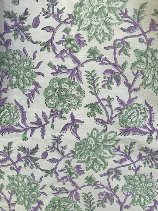 Green & Purple Floral Block Print Dress – Cotton Boho Mini with Balloon Sleeves