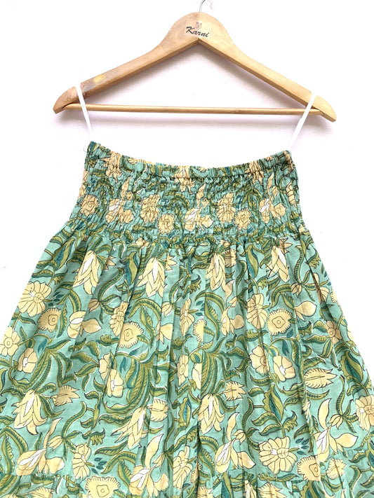 summer cotton green yellow floral hand block printed women's maxi skirts