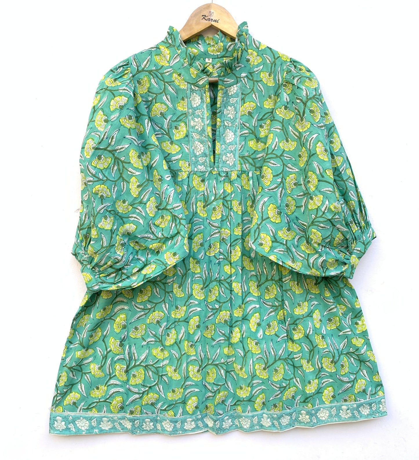 summer green mini dress with yellow floral print