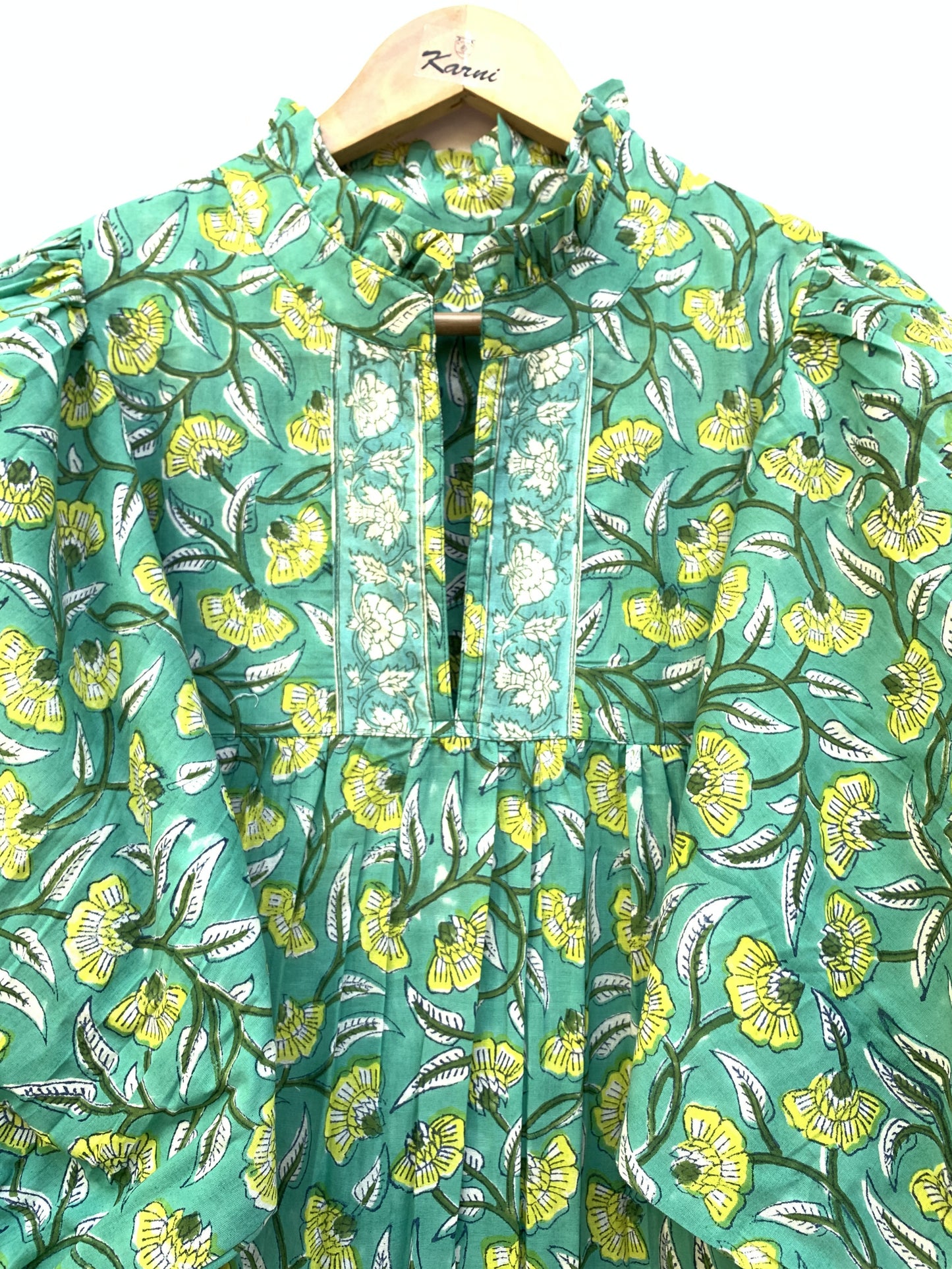 summer green mini dress with yellow floral print