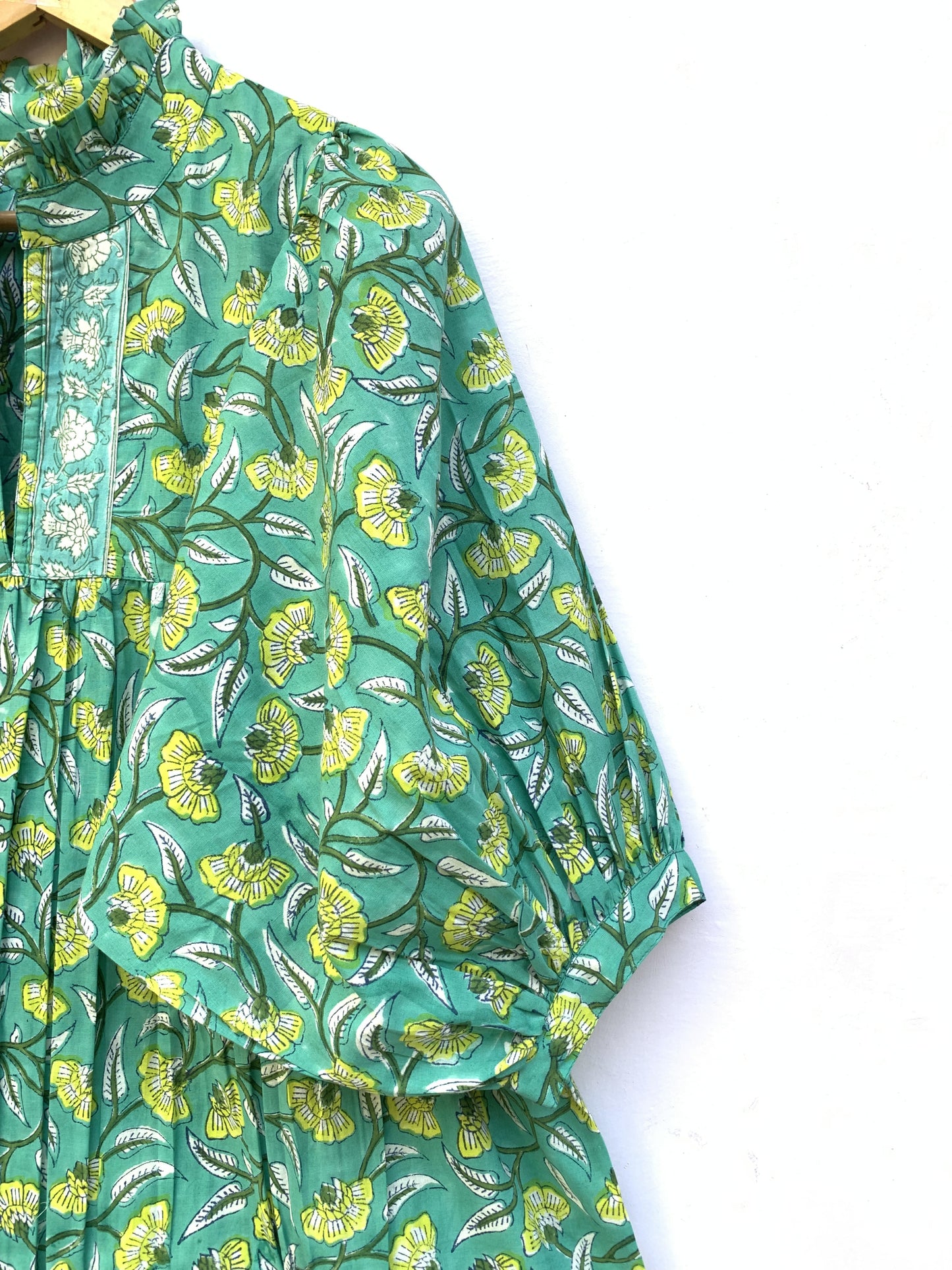 summer green mini dress with yellow floral print