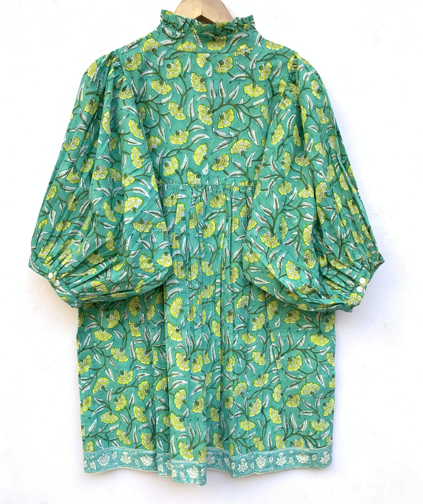 summer green mini dress with yellow floral print