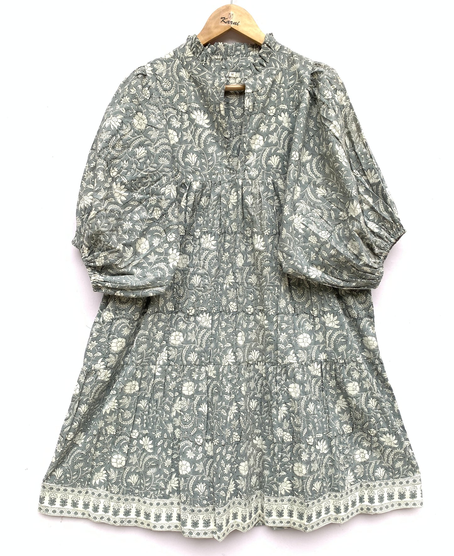 gray and white floral print cotton mini dress with belt