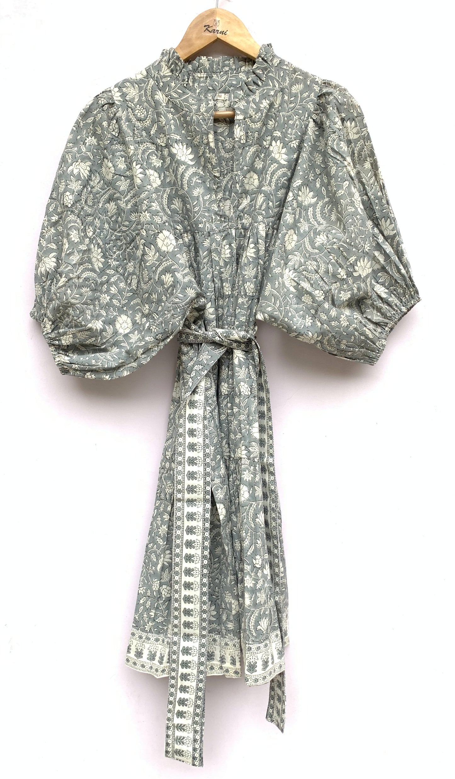 gray and white floral print cotton mini dress with belt