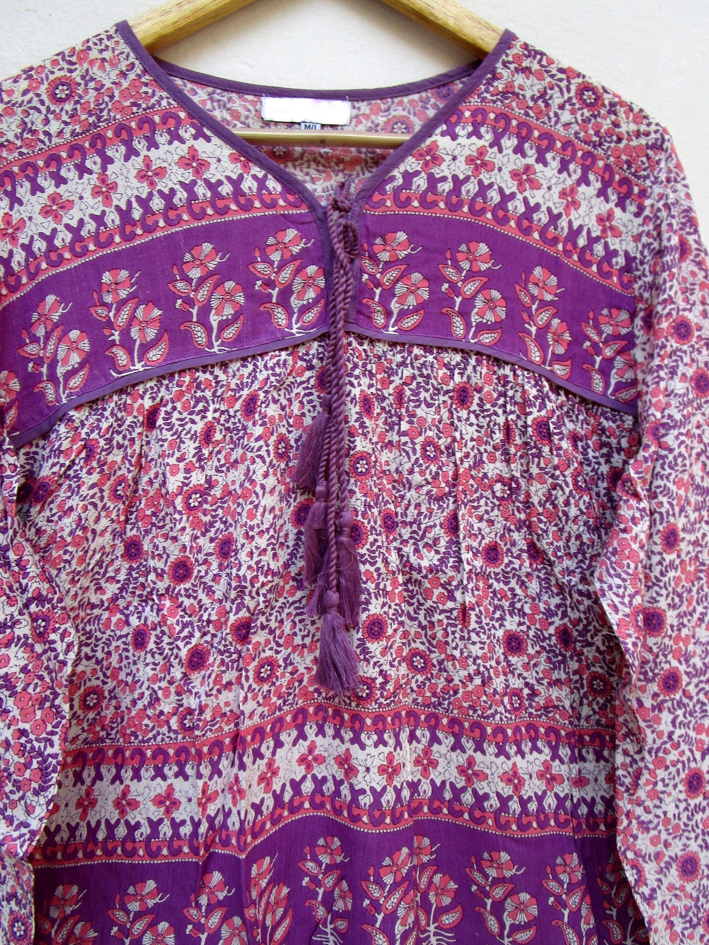 purple and pink floral blouse for women with tassels