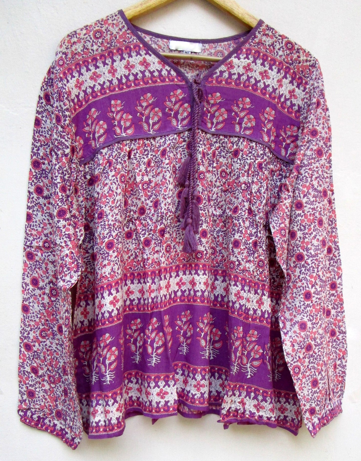 purple and pink floral blouse for women with tassels