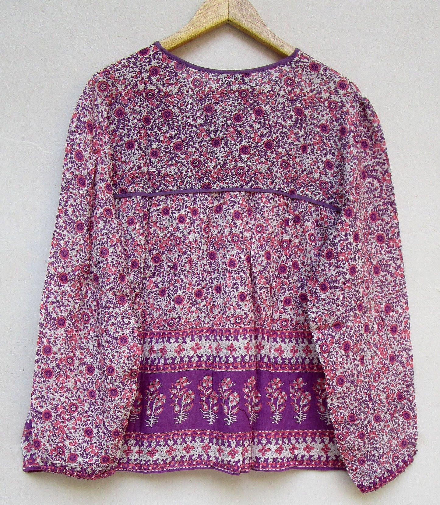 purple and pink floral blouse for women with tassels