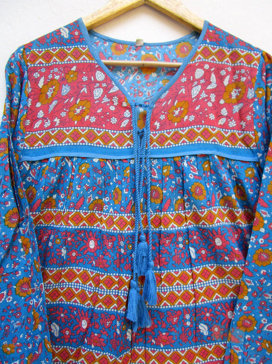 blue and red screen printed womens blouse