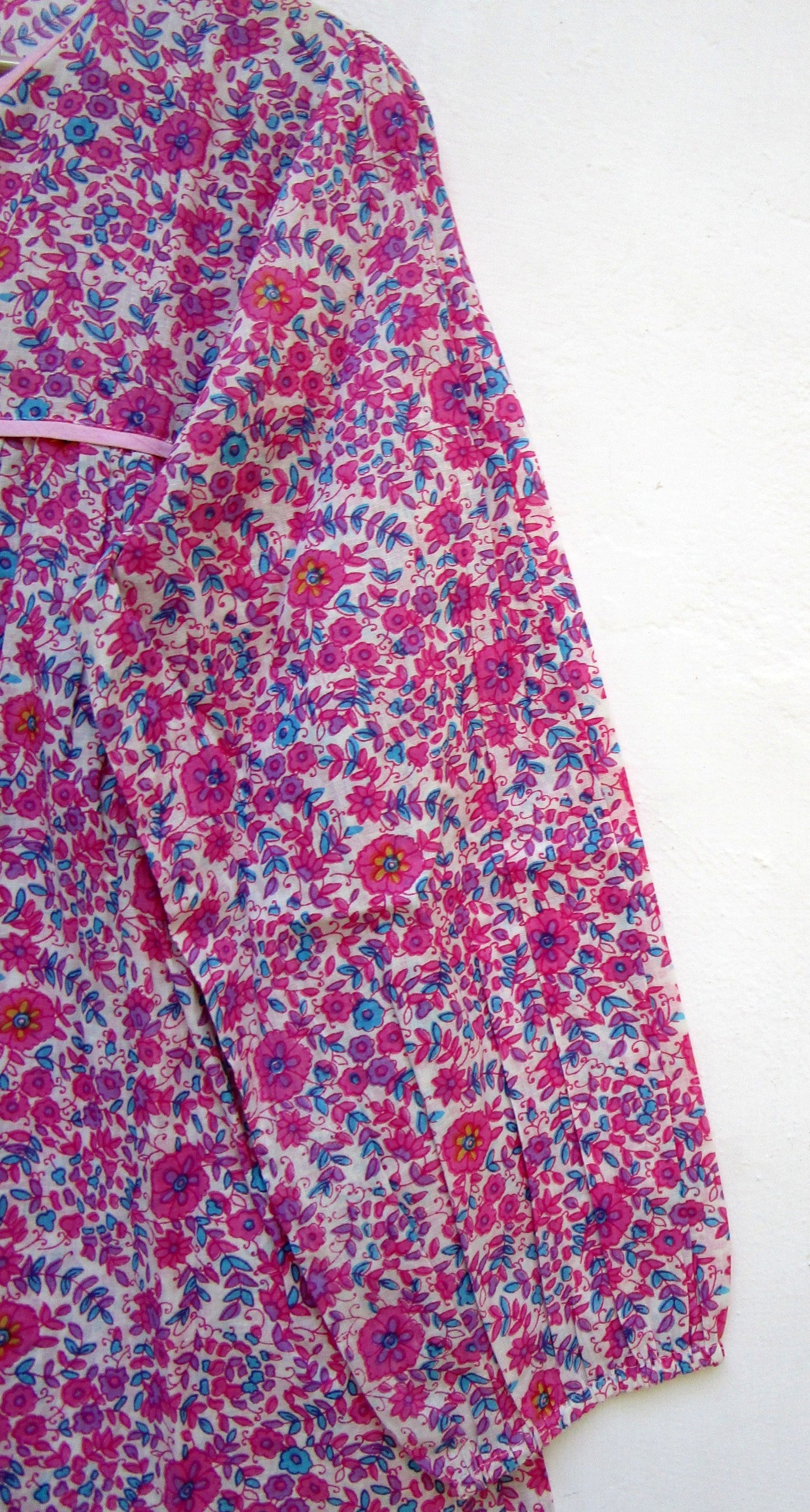 pink and blue screen printed cotton blouse for women