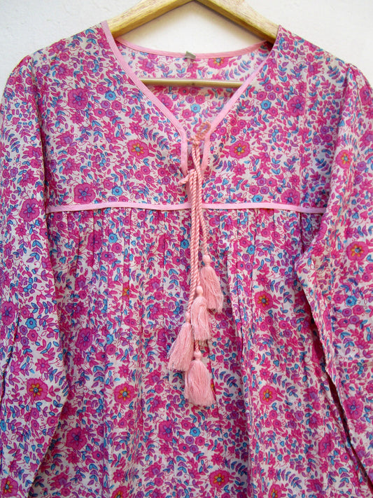 pink and blue screen printed cotton blouse for women