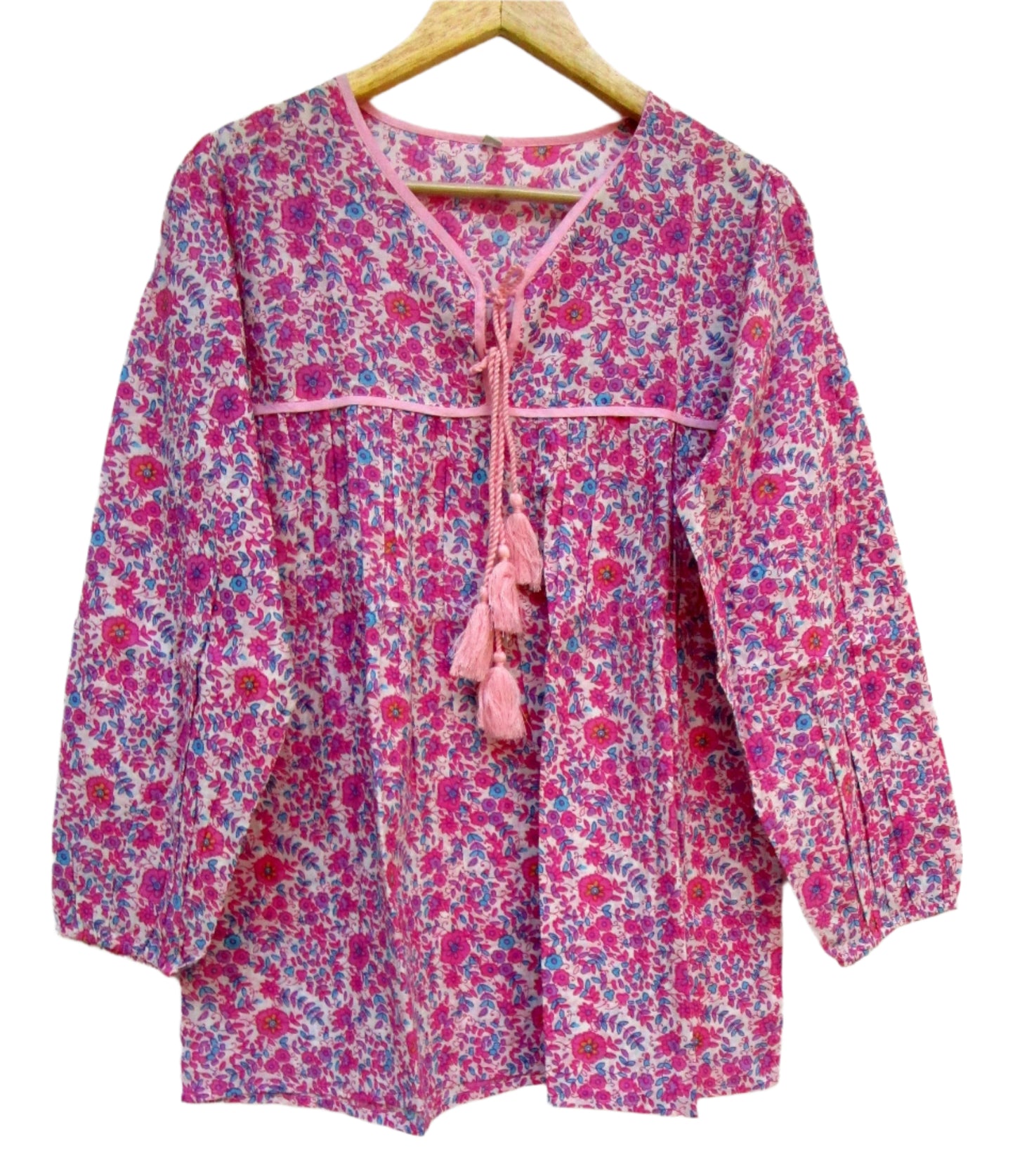 pink and blue screen printed cotton blouse for women