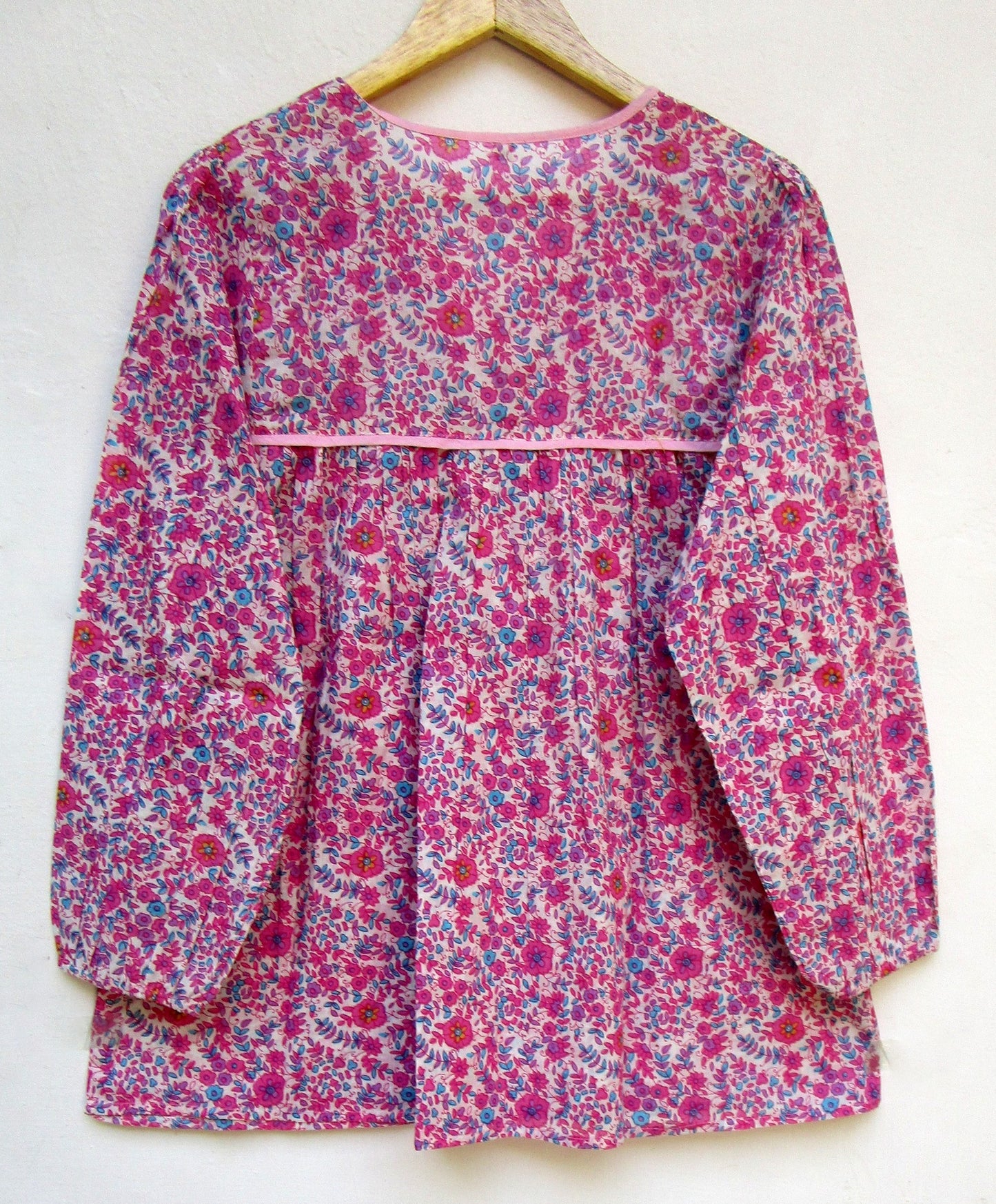 pink and blue screen printed cotton blouse for women